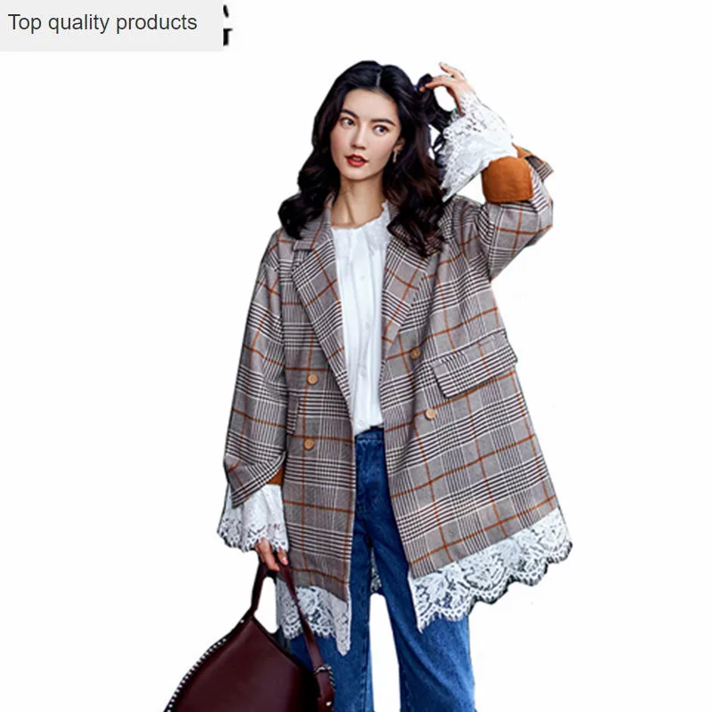 2020 корейский Клетчатый Блейзер Женский двубортный женский костюм кружевные