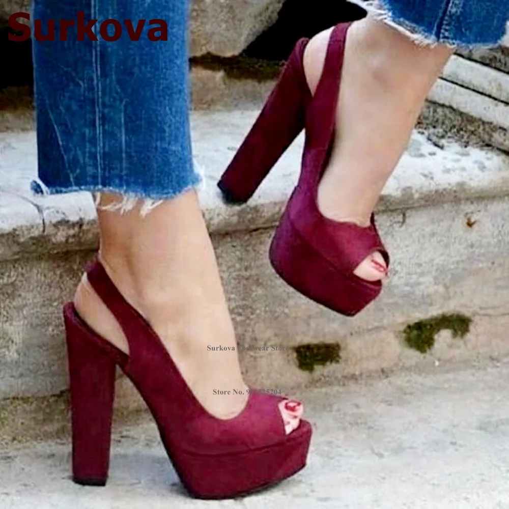 

Замшевые туфли с открытым носком Surkova, бордовые, черные, классические туфли на массивном каблуке, размер 46, обувь для банкета, цвет красного вина
