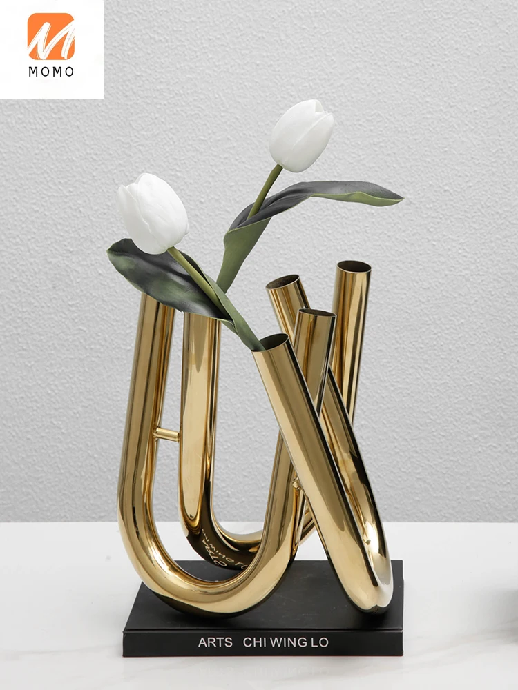 

Golden Decoration Creative Metal round Tube Vase Flower Model Room Living Room Desktop Decoration