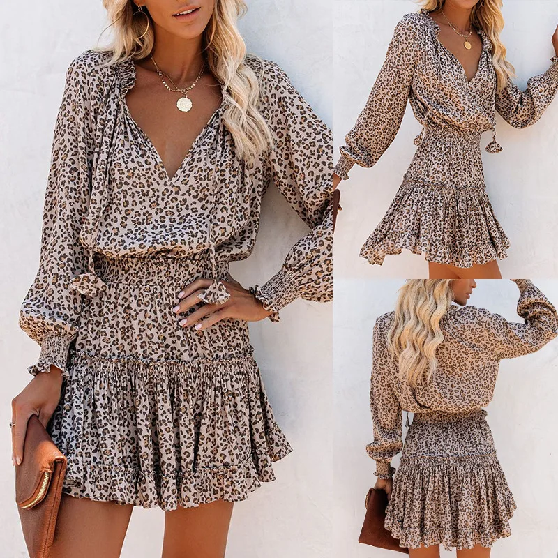

New Temperament Slim Printed Leopard Print Long Sleeve Waist Waist Dress Women