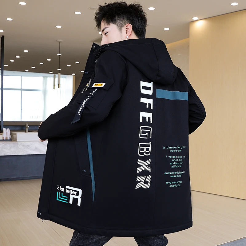 Fashion Autumn Thick Warm Fleece Jacket Men Winter Casual Hooded Mid-Length Coat Plush Parkas Streetwear Top Windbreaker Clothes