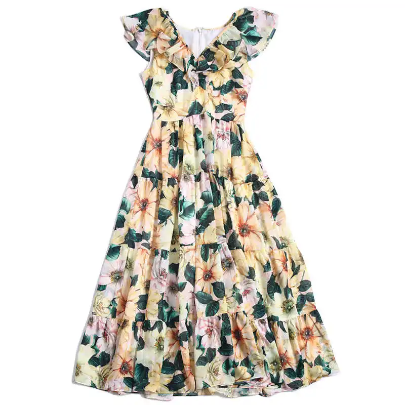 

Женское модельное Платье с принтом камелии, желтое праздничное платье средней длины без рукавов с V-образным вырезом и оборками, лето 2021