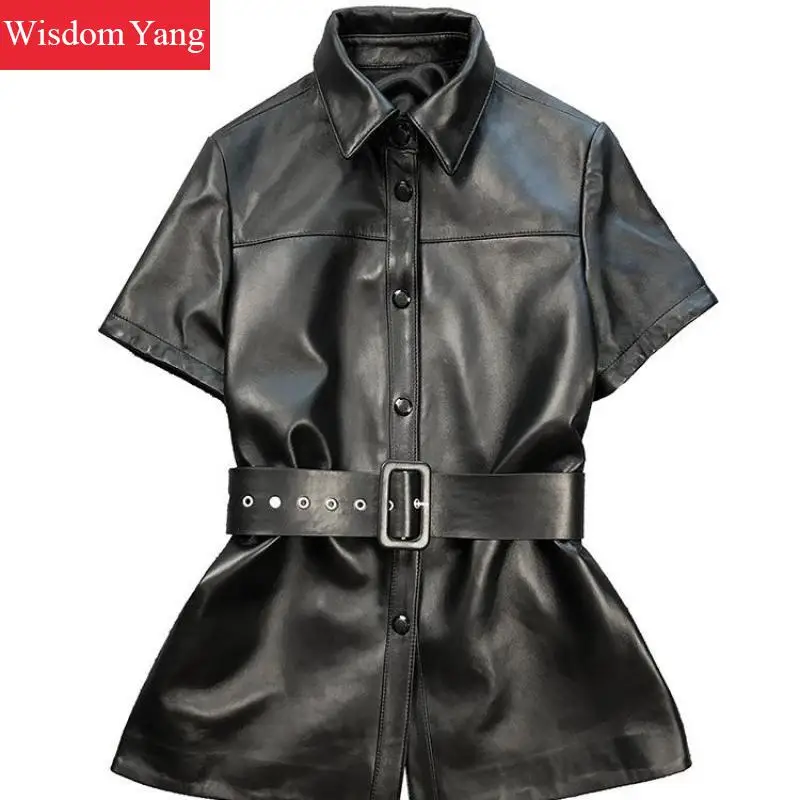 Black Sheepskin Genuine Leather Shirt Tops Womens Motorcycle Jacket Top Ladies Vintage Coats Female Overcoat Outerwear Gothic