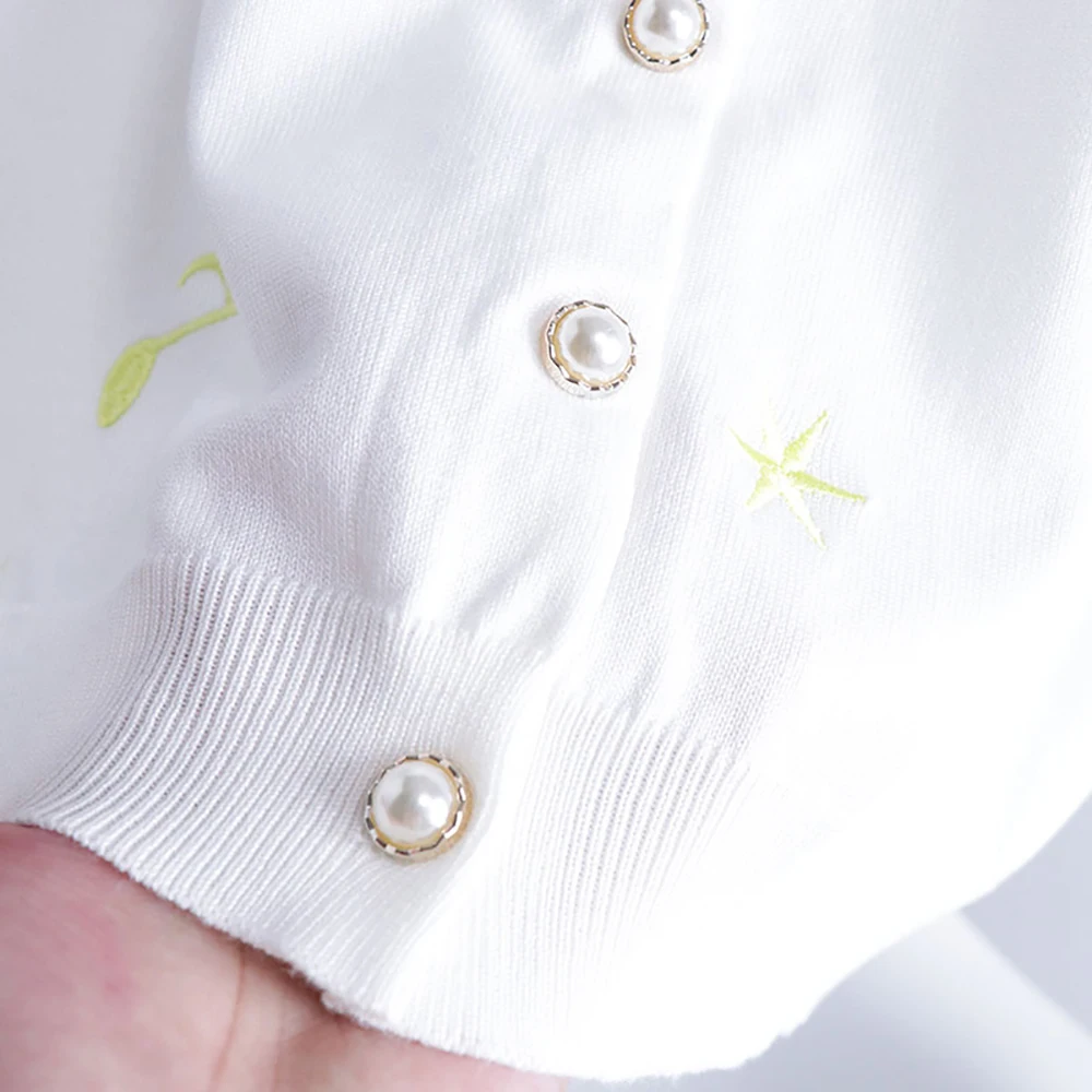 

Autumn Spring Embroidery Cartoon Pearl Button Up Knitted Short Sweater Cardigan Women Fashion Elegant Long Sleeve Top O-Neck Top