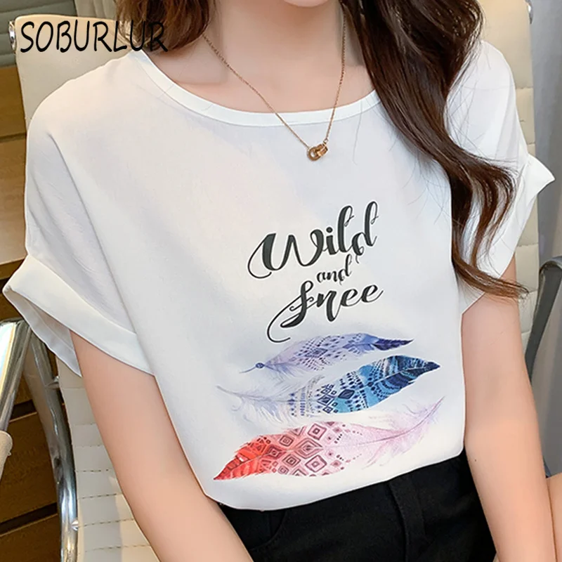 

SOBURLUR 2021 Summer New Basic Printing T Shirt Women's T-shirt LGirls O-neck T-shirts Crop Tops Woman Clothes Kawaii Feathers