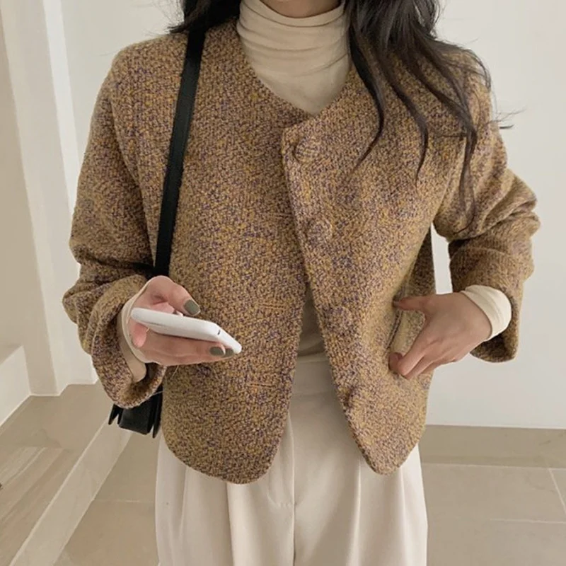

Korean Women Coat Chic Autumn Winter French Round Neck Single Breasted Casual Loose Variegated Design Cardigan Short