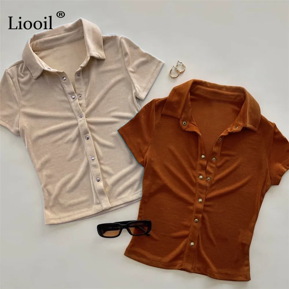 

Liooil Sexy Button Up Short Blouses Tops Women Summer New 2021 Streetwear Turndown Collar Polyester Khaki Bodycon T Shirt Tops
