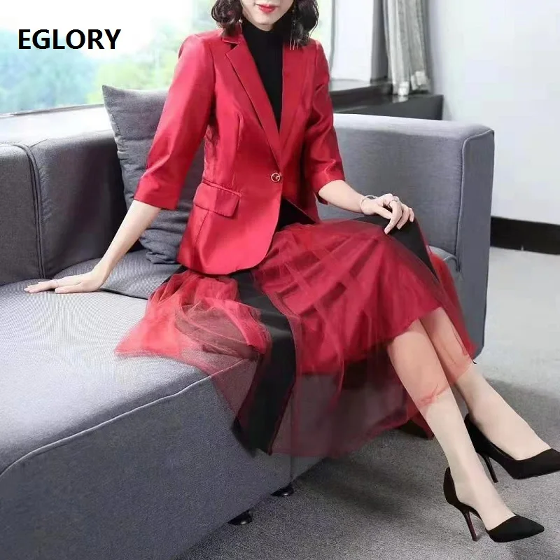 

New Korean Fashion Clothing Sets 2019 Autumn Jacket Suit Women Black Pullovers+Single Button Blazer Coat+Beading Deco Midi Skirt
