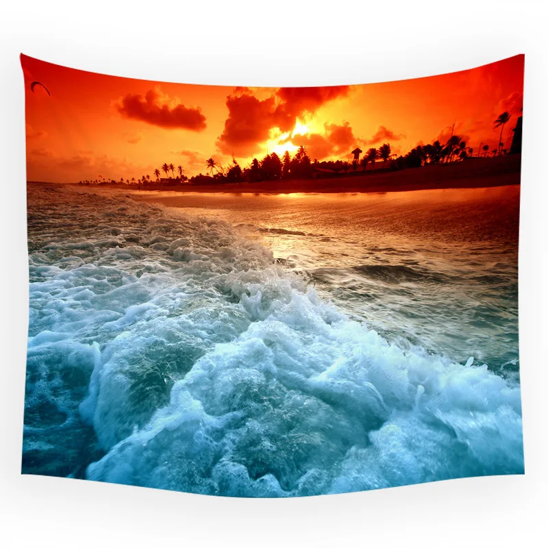 Морской Пляжный Пейзаж океанская волна кокосовое дерево закат парусный гобелен