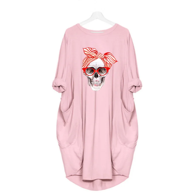 

Plus Size Women Dress Halloween Skull Print Long Sleeve Loose O Neck Pocket Casual Streetwear Vestidos Woman Dresses Robes Femme