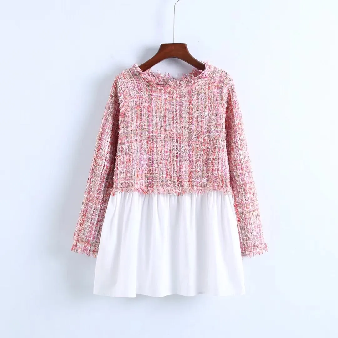 2018 женская элегантная твидовая рубашка в клетку топы с бахромой длинный рукав