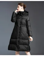 Women's Winter Jacket Black Puffer Long Down Jacket Zipper Hood Full Sleeve Fashion coat