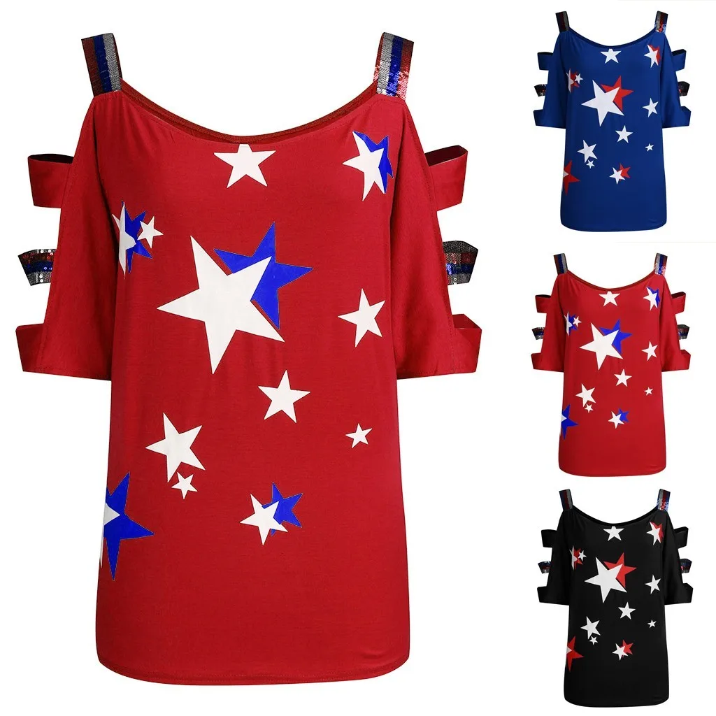 

Women Plus Size Casual Flag Print Off Shoulder Slings Sleeve Top