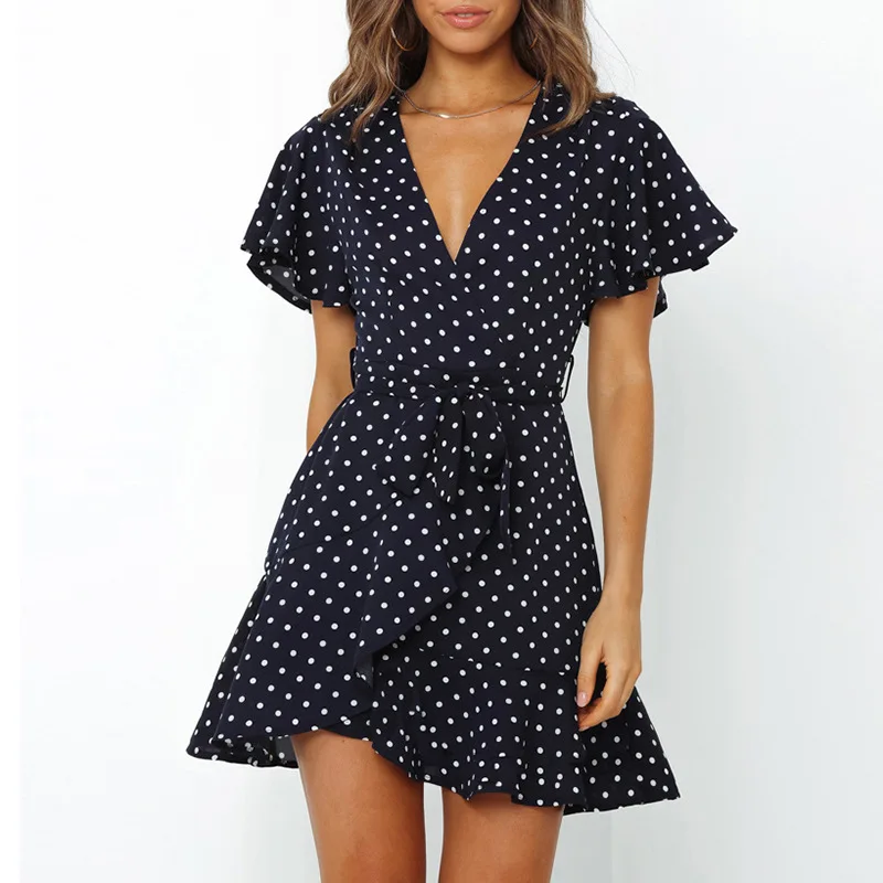 

Summer A Line Polka Dot Dress Women Ruffled Short Sleeve Boho Beach Dress Ladies Casual V Neck Mini Dresses Robe Femme