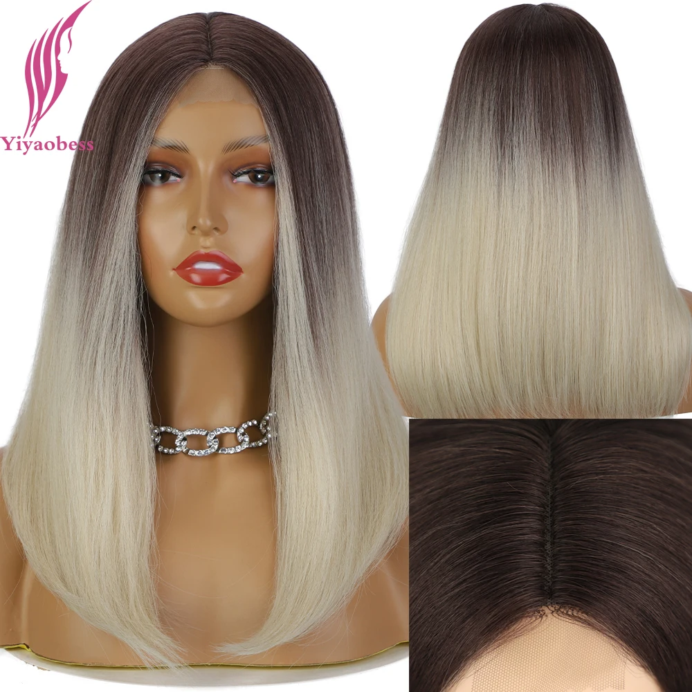 Yiyaobess 16inch Middle Part Blonde Ombre Long Straight Lace Wig Synthetic Natural Hair Party Wigs For Women Cosplay Peruca