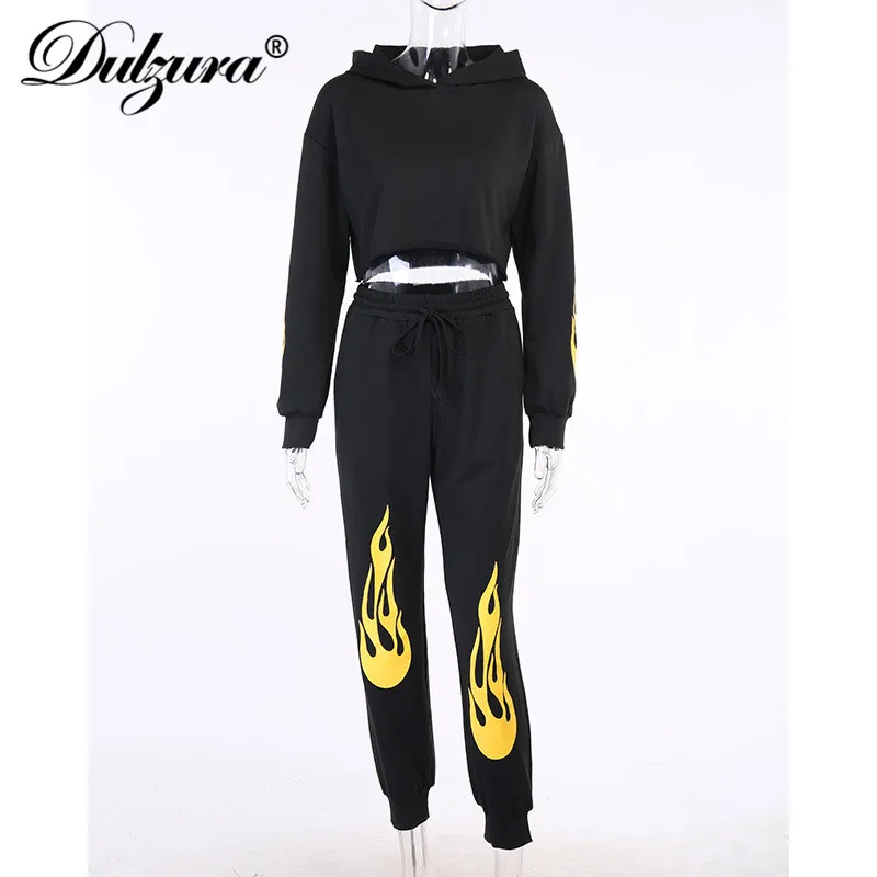

Dulzura Flame Print Women Two Piece Set Hoodis Sweatshirt Pullover Sweatpants Jogger Casual Sporty 2020 Autumn Winter Tracksuit