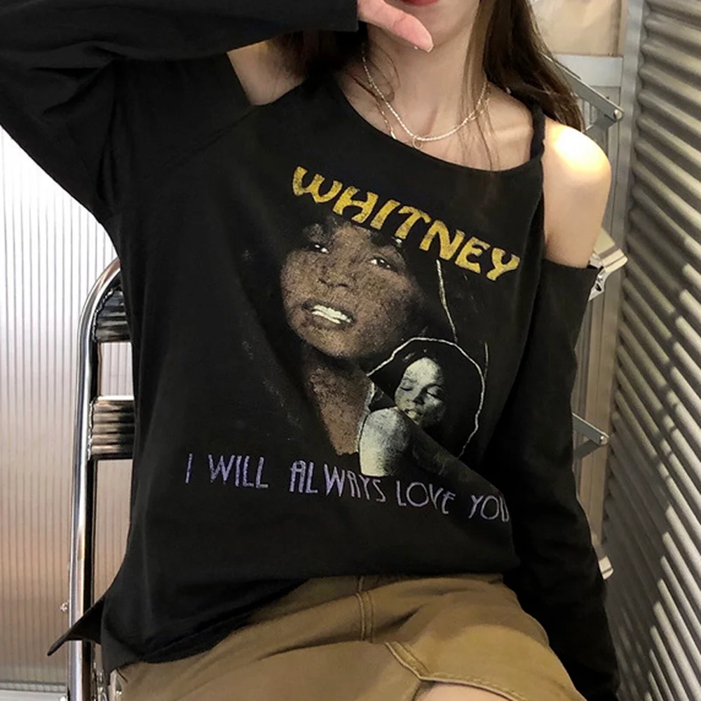 

Fairy Grunge Y2K T-shirt 2021 Vintage Pattern Print Tops Black Autumn Korean Long Sleeved Halter Tees Loose Harajuku T Shirt