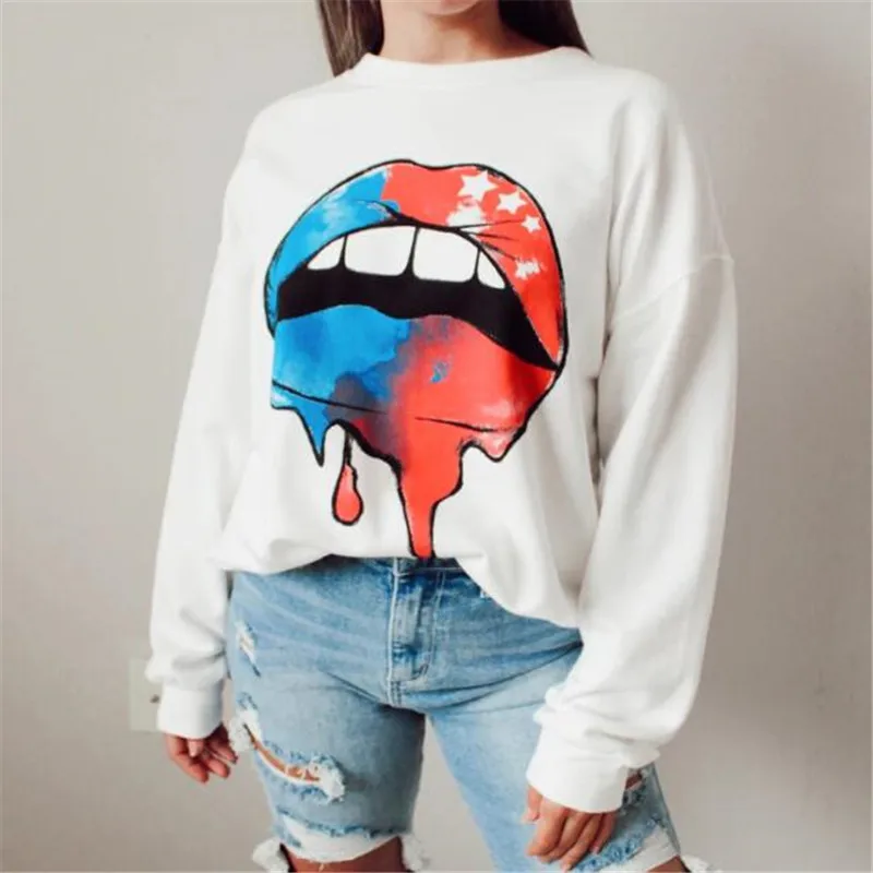 

Woman Harajuku Sweatshirt Eyelash Lips Leopard Printed Pullover White Tops New Winter Autumn Women Sexy Long Sleeve Sweatshirts