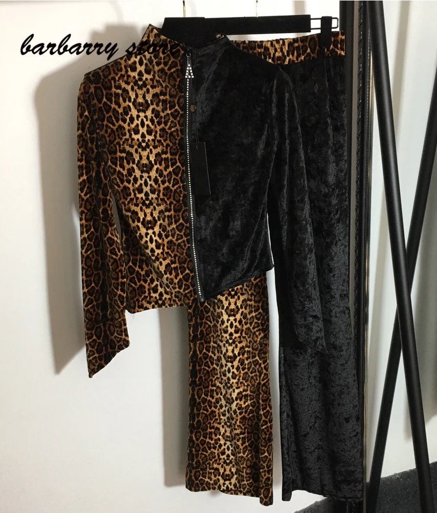 

2021 new spring fashion 2 piece set women vintage hippie sexy Leopard Print irregular top with a zipper + high waist flare pants