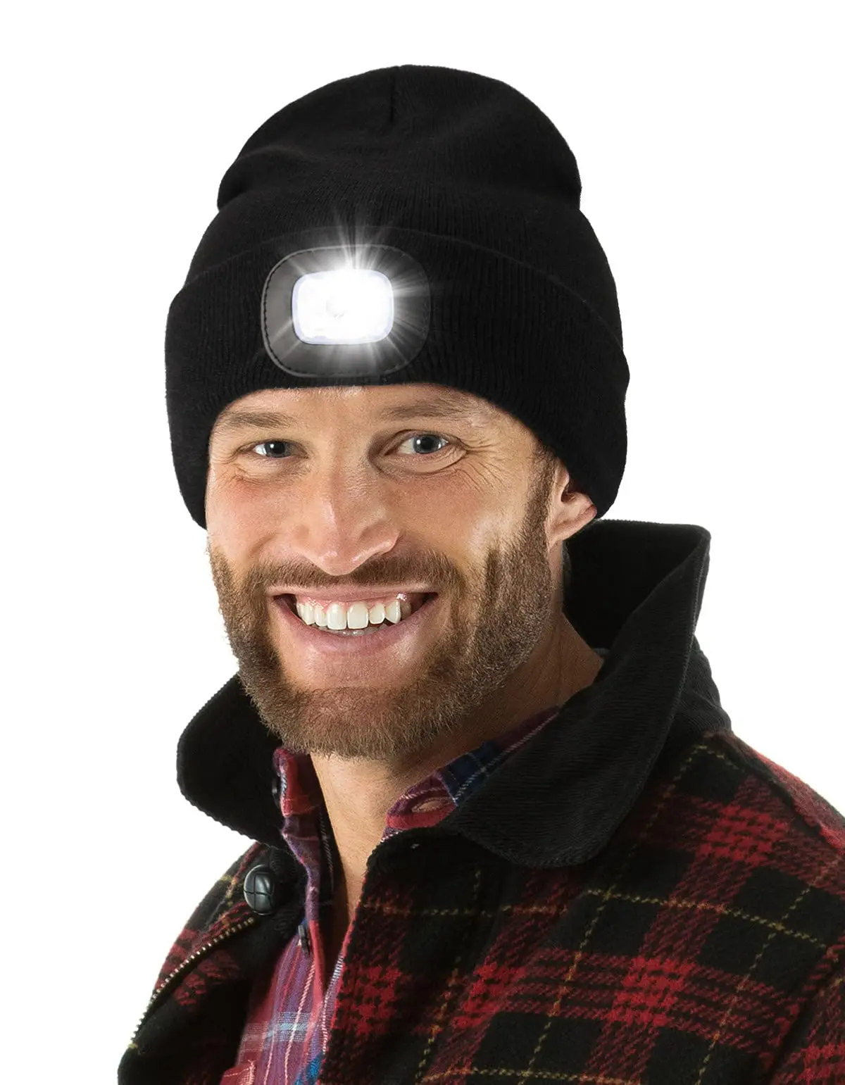 

Unisex LED Beanie Hat with Light,4 LED USB Rechargeable Hands Free Headlamp Winter Warm Knitted Cap,Women Men Gifts (Black)