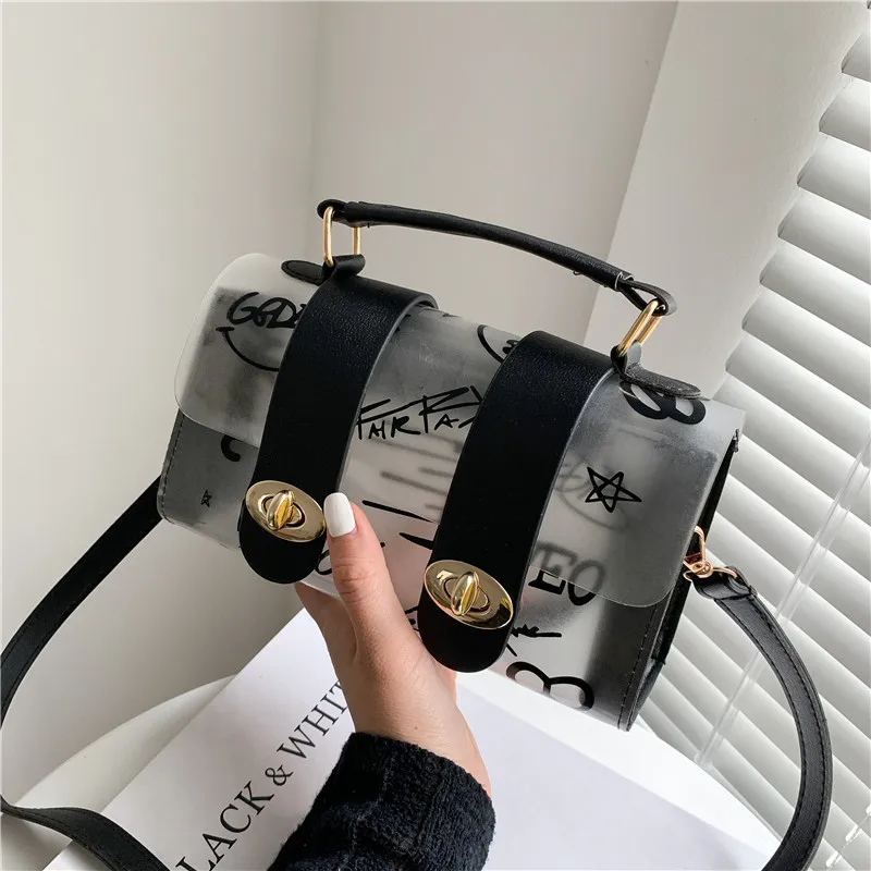 

Women Casual Purse and Handbags 2021 Transparent Stitching Graffiti Shoulder Bags Female Summer Messenger Bags Fashion Mini Bag