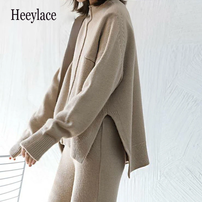 Зимние элегантные Брючные костюмы из 2 предметов для женщин трикотажный комплект