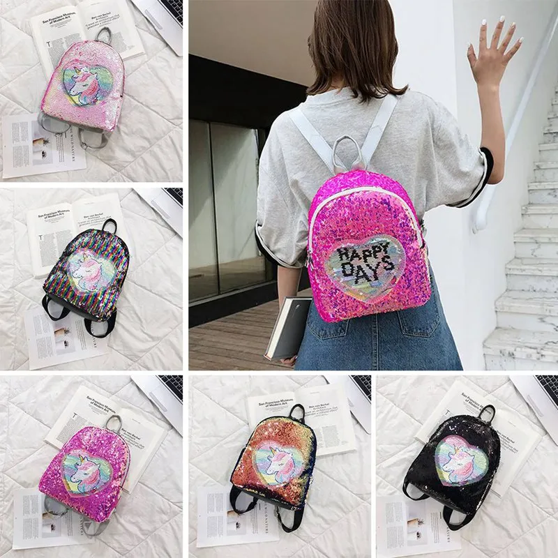 

Sequins Unicorn Backpack Fashion Glitter School Book Bag Female Fashion Cute Hologram Laser PU Leather Travel Party Bag Girls