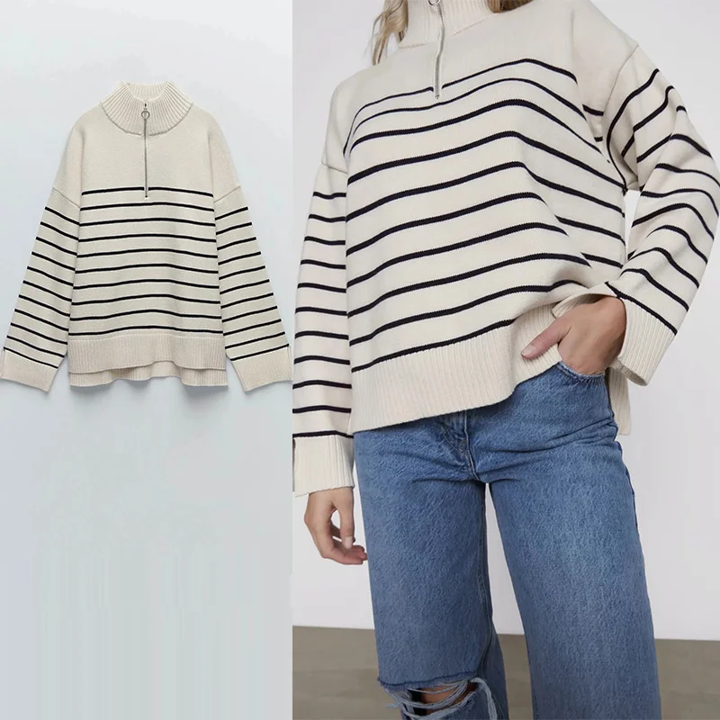 

JCHB Afeenyrk Za Women Sweater Turtleneck Patchwork Knitting Sweater Neckline Zippers Female Long Sleeve Casual Chic Pullovers t