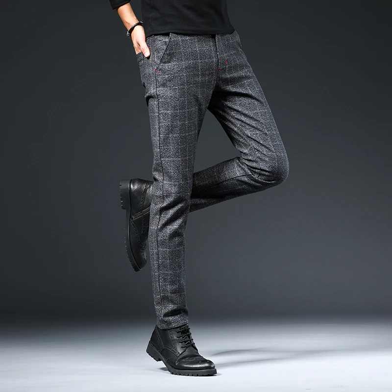 Мужские брюки в клетку повседневные облегающие британском стиле черные синие