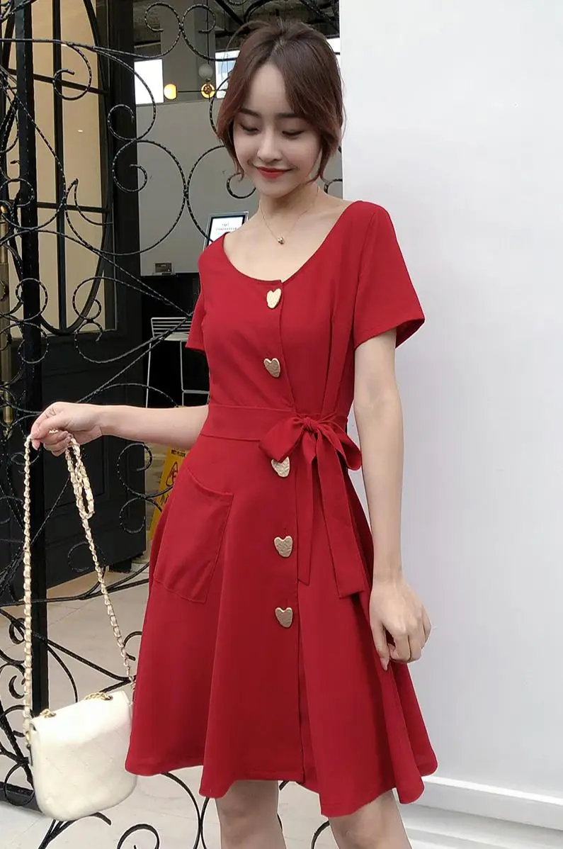 

COIGARSAM Vintage Women Mini dress V-Neck Dresses Red 6130