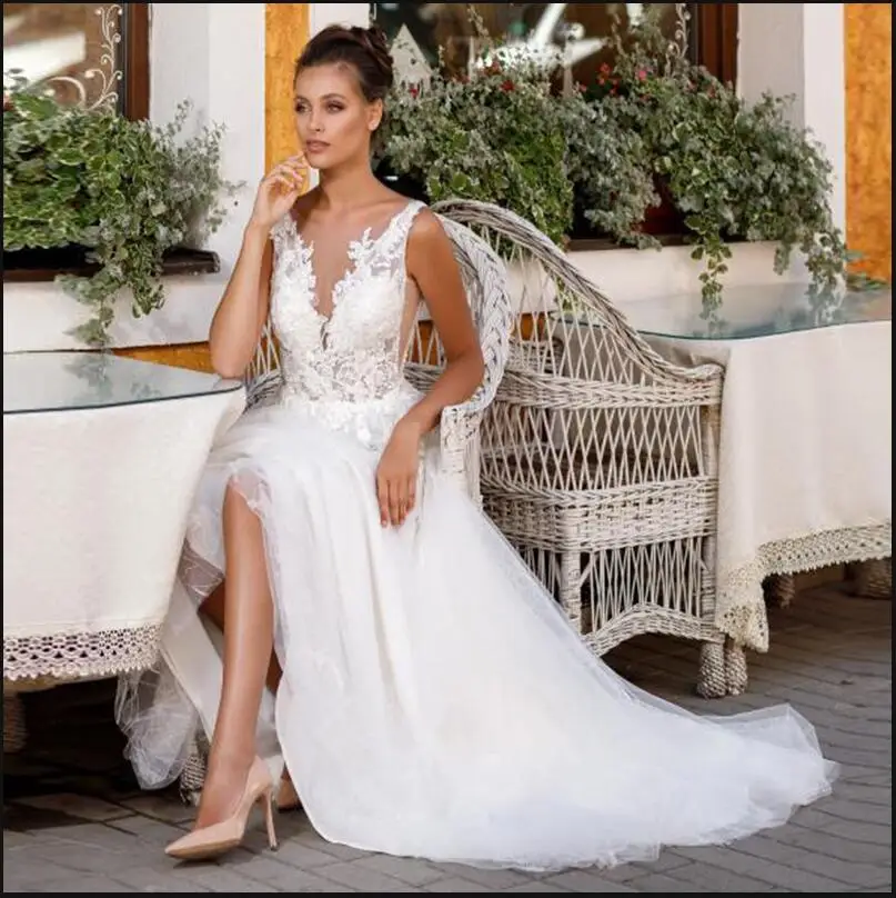 

Vintage wedding Dresses Crew -Neck Appliques Lace Vestido De Noiva Tulle Wedding Gowns White Ivory Boho Bride Dress 2021