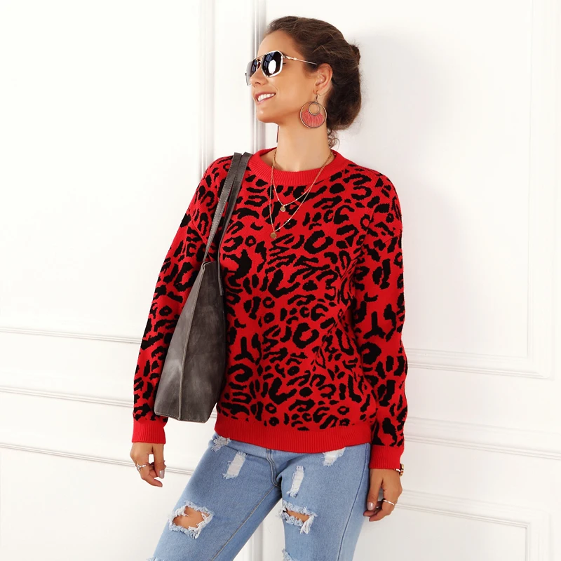 Autumn Winter Fashion Women Loose Knit Leopard Print Long Sleeve O Neck Sweater Jumper Pullover Red Khaki | Женская одежда