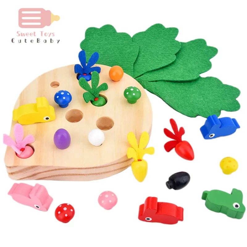 

Деревянные игрушки яркого цвета, детские игрушки, кролик, морковка, сбор грибов, обучающие игрушки