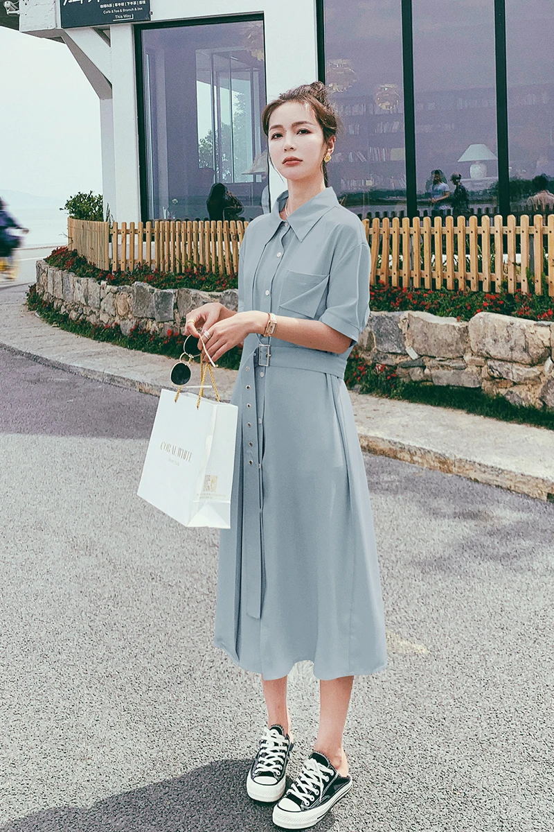 

Shirt Dress for Women 2021 Summer New Women Short Sleeve Lapel Solid Color Loose Casual Elegant Chic Bandage Mid-long Dresses