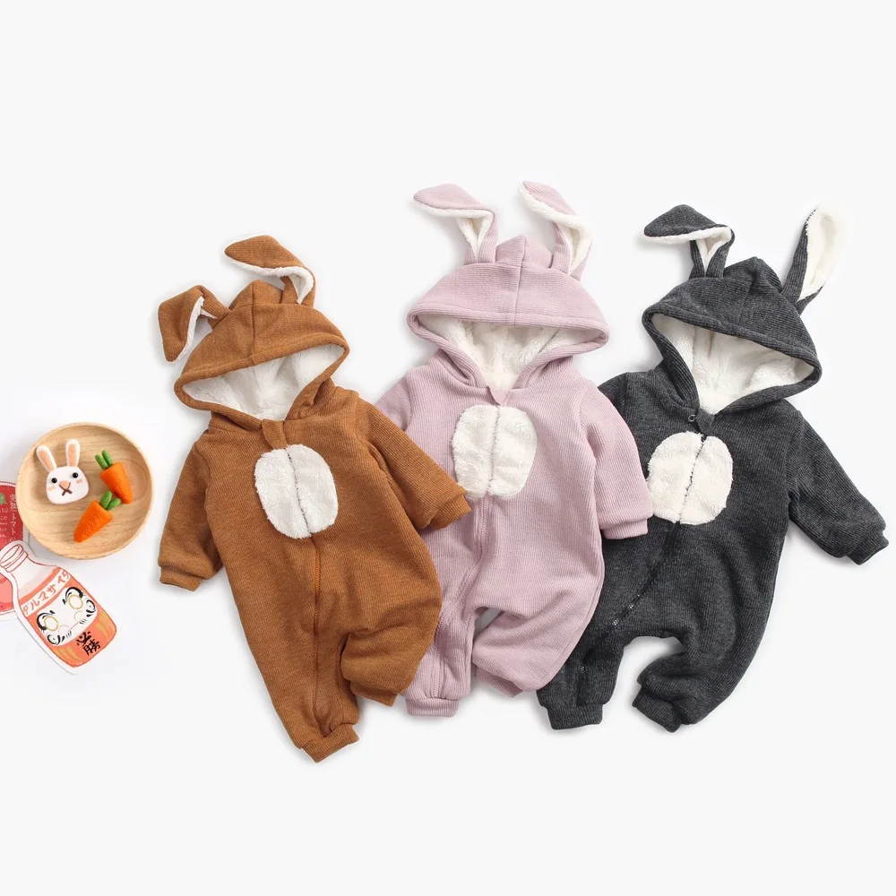

Winter New born Boys Bunny Rompers Plus Velvet Infant Girls Clothes Hoodie Onesies Child Costume Warm Overalls Baby Jumpsuit 6M