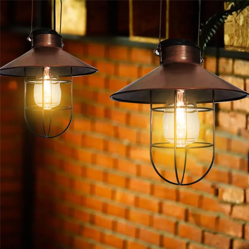 

Retro Solar Hanging LED Lantern Metal Vintage Outdoor Waterproof Solar Garden Light with Warm Tungsten Bulb for Patio Yard Decor