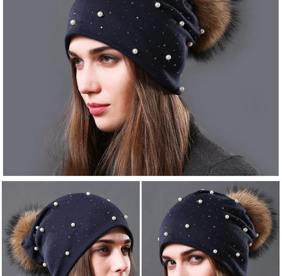 New Women's Pearls Beanies Winter Causal Solid Rhinestone Pearl Slouchy Beanies Hat with Raccoon Fur Pompom Femme Black Cap