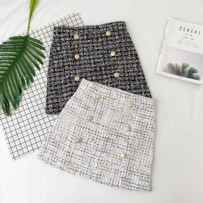 Женская твидовая юбка на пуговицах винтажная Осенняя мини карандаш шерстяная