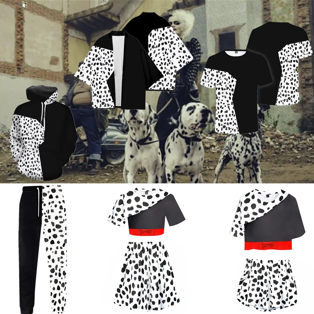 

Movie Cruella De Vil Costume Cosplay Dress Hoodie Shirt Cloak Women Black White Spotted Anime 101 Dalmatians Performance Party