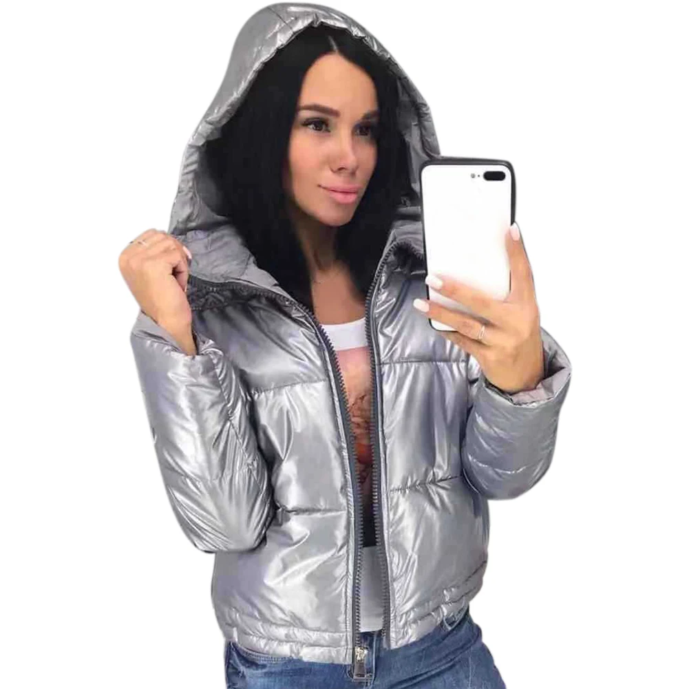 

Zipper Windproof Long Sleeve Warm Short Slim Thicken Women Down Coat Hood Solid Outwear Snow Winter