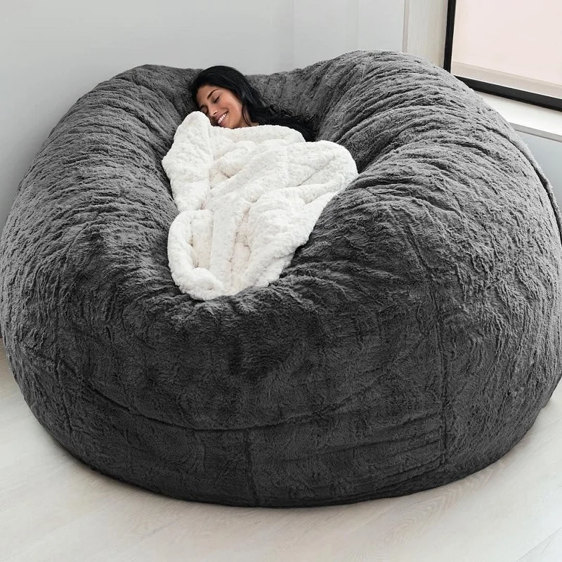 Dropshipping 7ft Giant Bean Bag Cover Living Room Furniture Big Round Soft Fluffy Faux Fur BeanBag Lazy Sofa Bed Coat