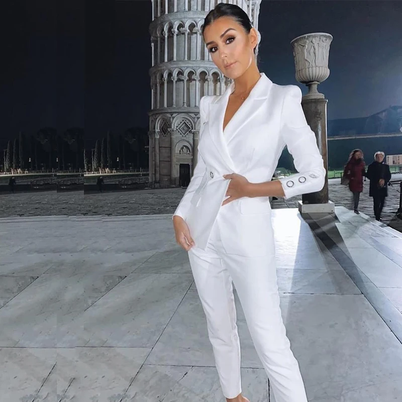 

Современные белые платья для выпускного вечера, двубортный костюм, женские халаты для вечеринок, облегающие платья из двух частей, атласная...