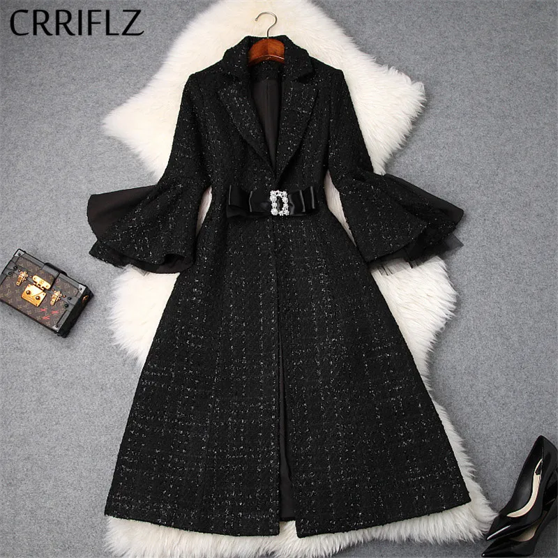 Зимнее женское Шерстяное Пальто из твида с черным бриллиантовым бантом на