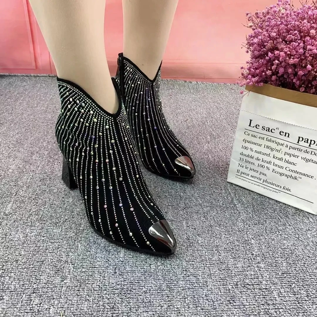2021 Fashion Rhinestone Women Ankle Boots Square Low Heel Pointed Toe Pumps Shoes Ladies Slip on Chelsea Short Boot