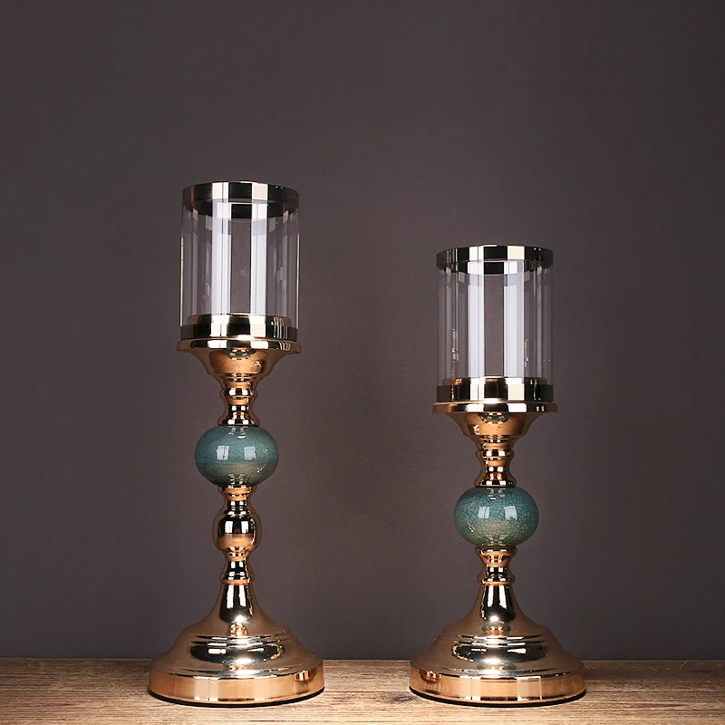 

Classical Alloy Candle Stand Decorative Glass Cover Hurricane Lamp Dining Table Accessories Festival Furnishing Restaurant