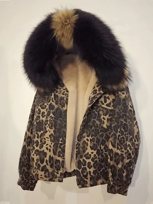 Women Leopard Warm Warm Parka Thick Big Fur Hooded Jeans Jacket Oversized Loose Denim Coat Winter Fashion Lambswool Denim Jacket