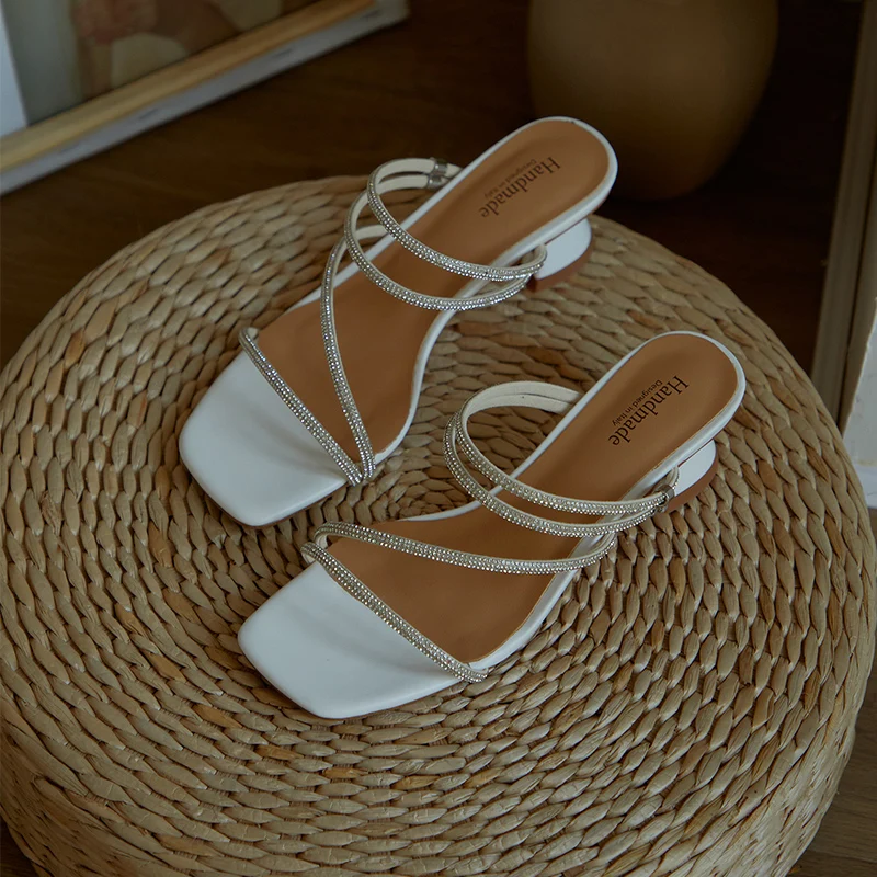 

Sexy crystal cross strap 4.5cm med Heels slippers genuine leather Women Summer Sandals For Walking Home Casual House Shoes Woman