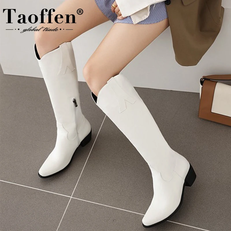 

TAOFFEN Size 33-43 Women Knee Boots Pointed Toe Thick Heel Side Zipper Shoes Pu Winter Warm Boots Women Fashion Party Footwear