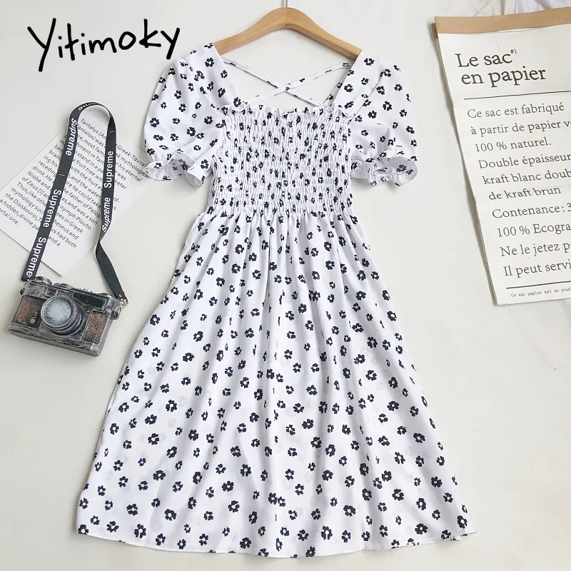 

Yitimoky Vintage Floral Dresses for Women Puff Sleeve Elastic Summer 2021 New Fashion Backless Square Collar A-Line Dress