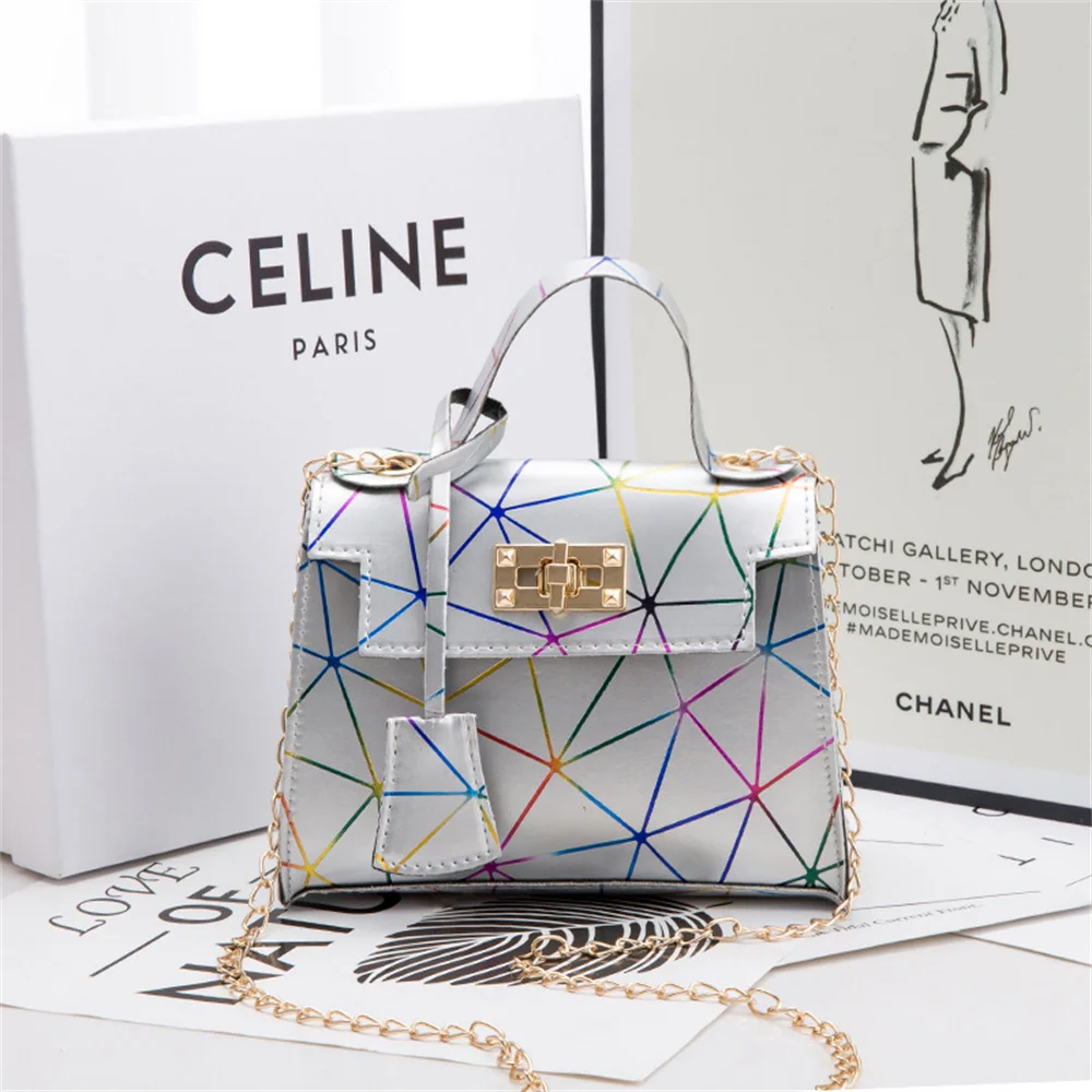 

New Korean colorful geometric rhombic lock chain shoulder slung handbag